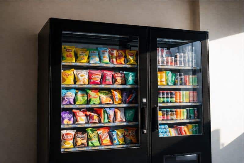 Vending machines stocked with snacks and beverages in the service area.