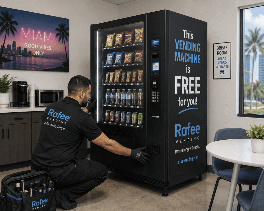 Rafee Vending technician installing a free vending machine in a Miami office break room