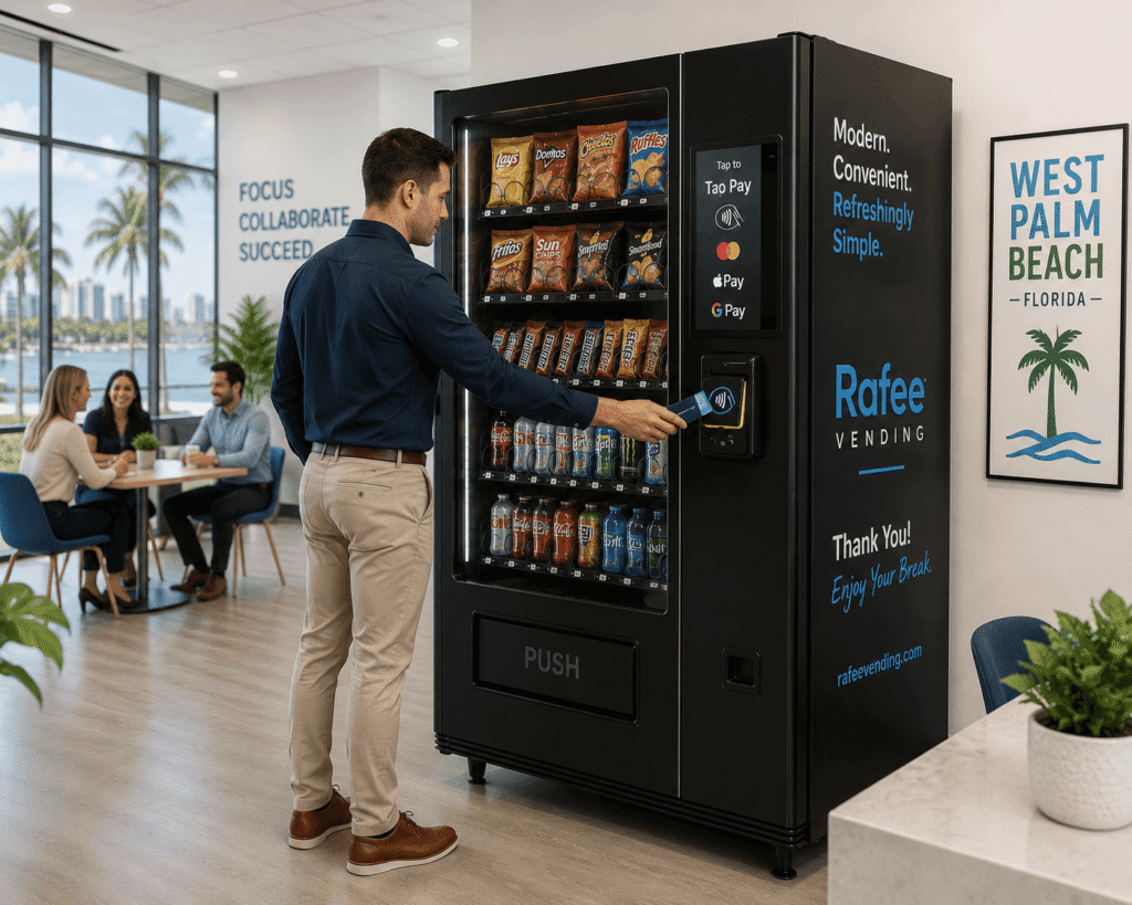 Modern tap-to-pay vending machine placed in a West Palm Beach workplace