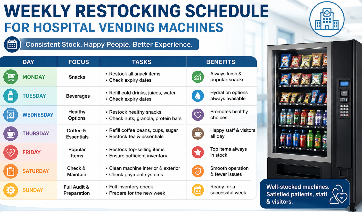 Weekly restocking schedule for hospital vending machines